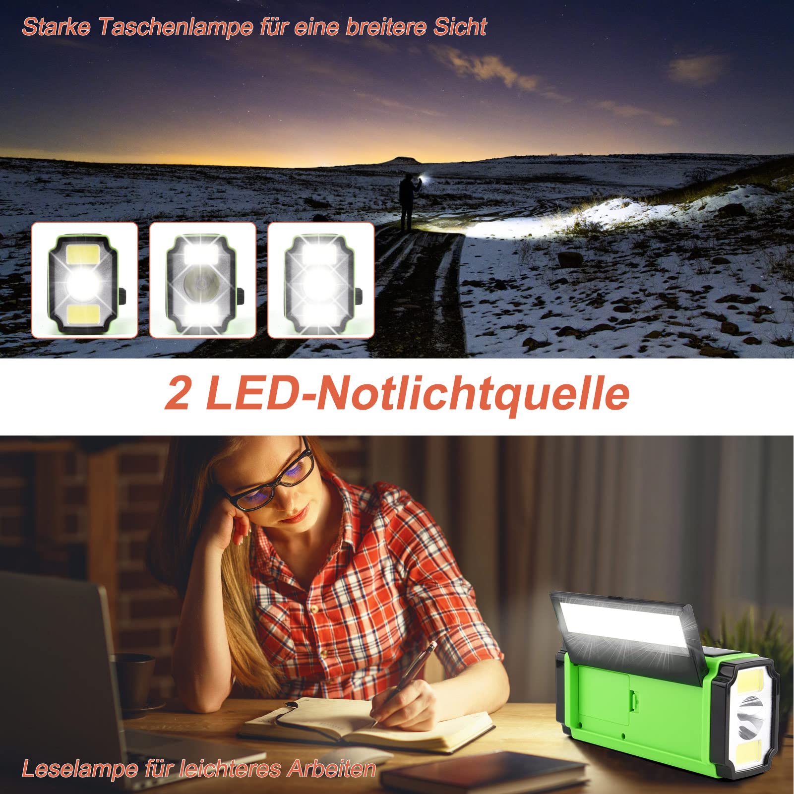 YIKANWEN Radio Solar Portátil, Radio Am/FM con Manivela y Batería Recargable 5000mAh, Linterna LED, Luz de Lectura y Alarma SOS para Camping y Exteriores (Verde)