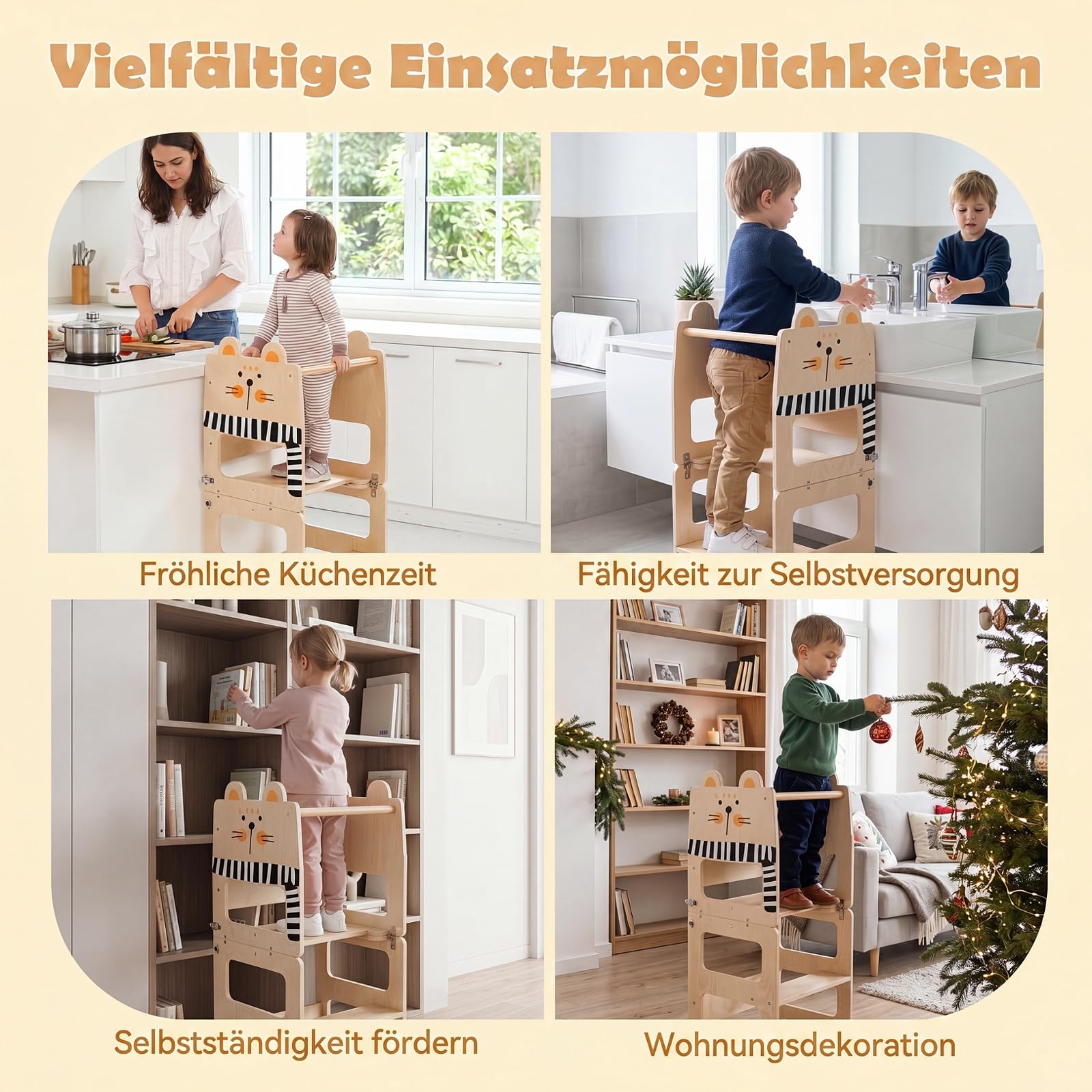COSTWAY 3 in 1 Lernturm klappbar aus Holz, 50 kg belastbar, Natur | Tritthocker mit Tafel in Katzenform, Tritthschemel Montessori, Küchenhelfer für Kinder ab 18 Monaten