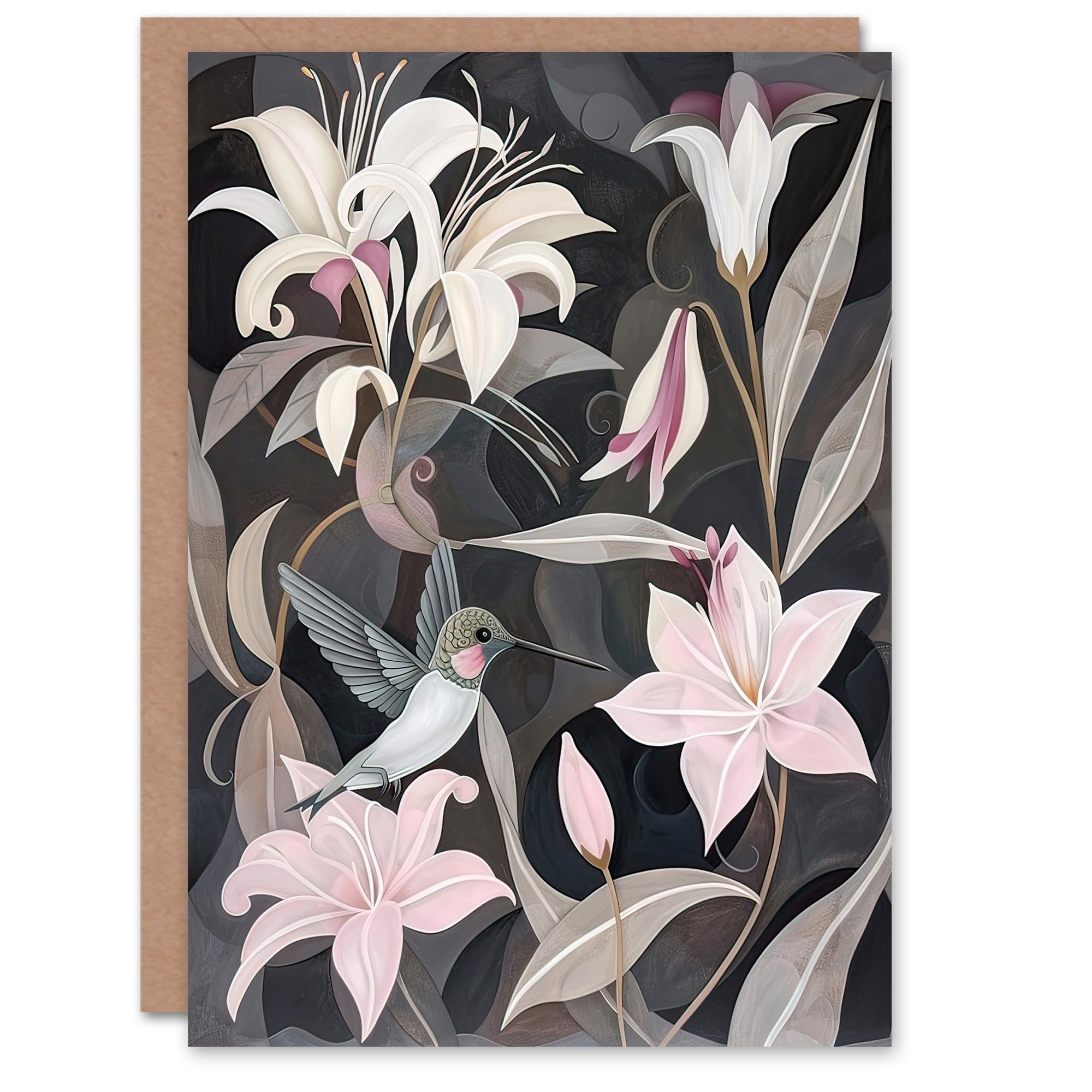 Artery8 Greeting Card Lily Flowers and Hummingbird Stylised Painting For Her Woman Birthday Card