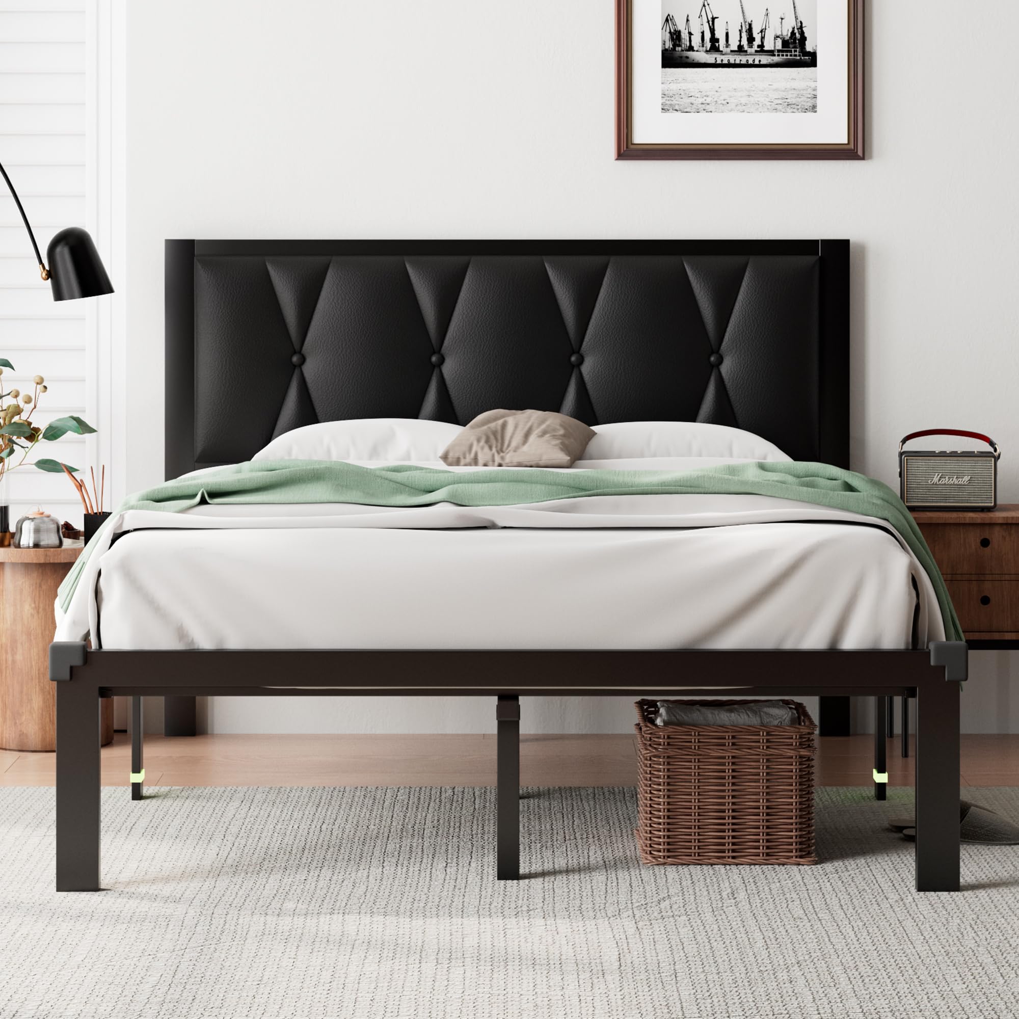 iPormis Full Size Metal Bed Frame, Faux Leather Button Tufted Headboard Platform Bed, Heavy Duty Slats Support, 12" Under Bed Storage, No Box Spring