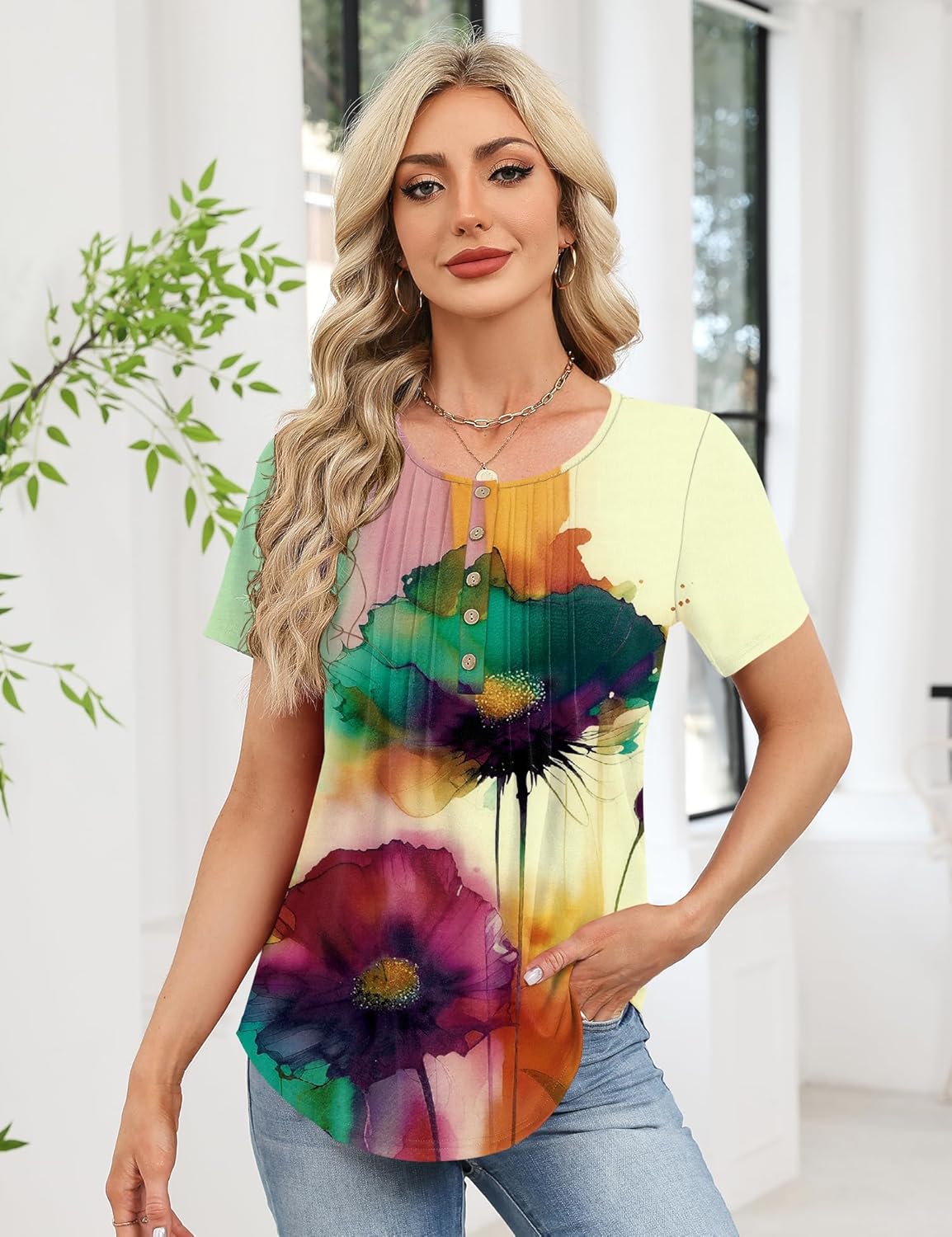 Rapbin Short Sleeve Shirts for Women Pleated Crewneck Cute Blouses Dressy Casual Elegant Tops Loose peasant Summer T-Shirts - Image 6