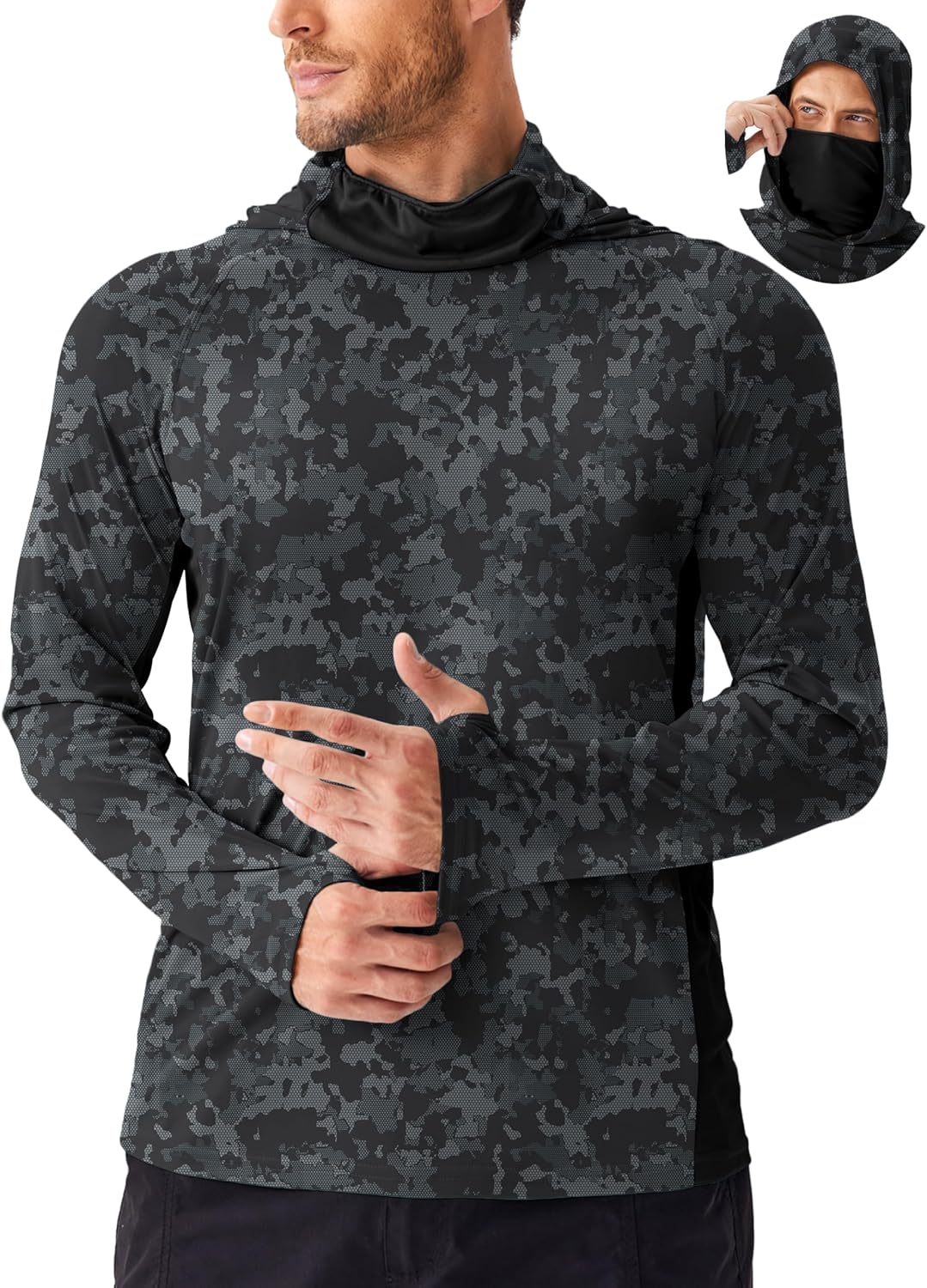 PINSPARK Men's Sun Protection Hoodie with Mask UPF 50+ UV Long Sleeve Shirt Men Rash Guard Performance Fishing Hiking Shirt