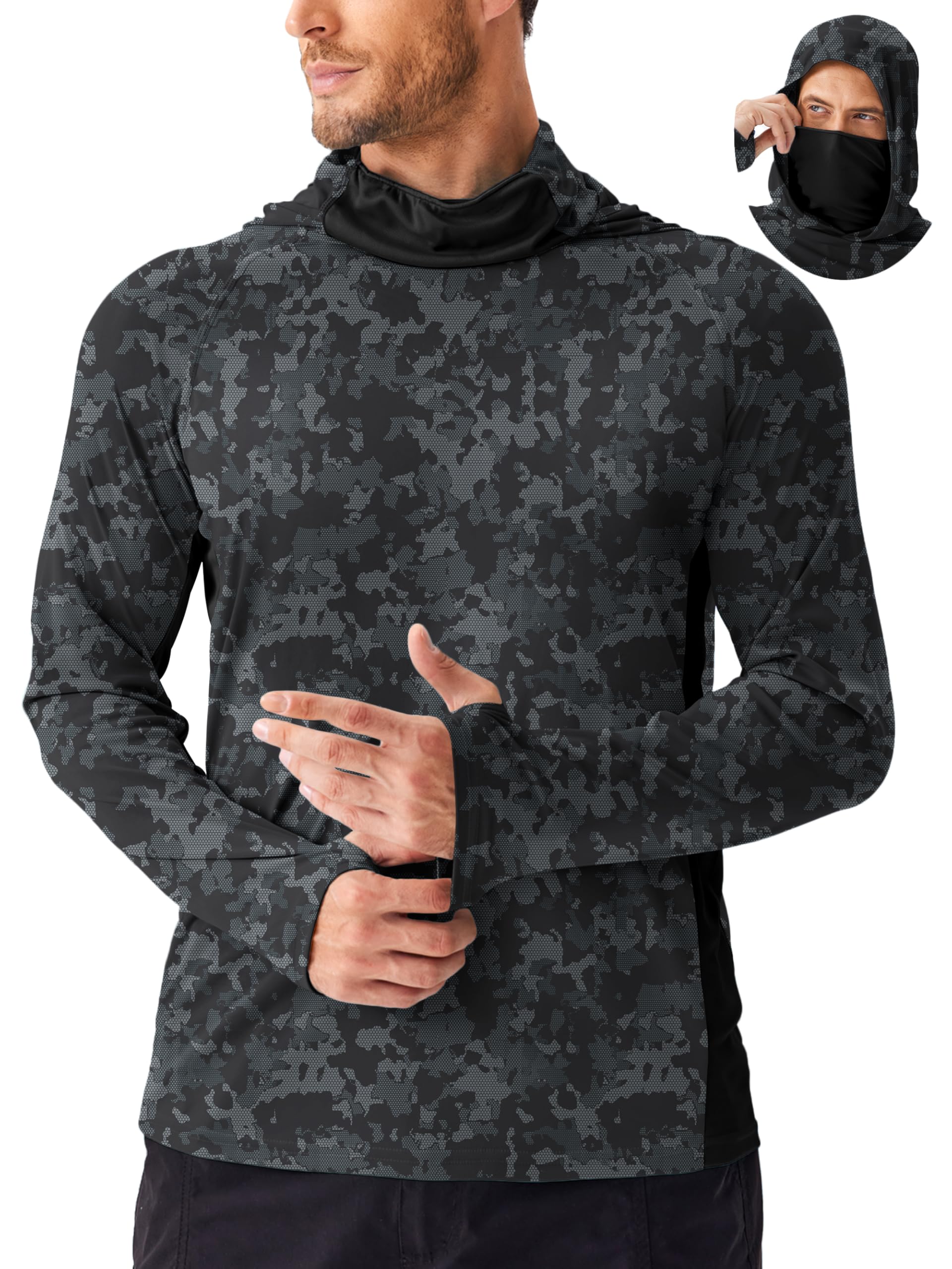 PINSPARK Mens Sun Protection Hoodie with Mask UPF 50 UV Long Sleeve Shirt Men Rash Guard Performance Fishing