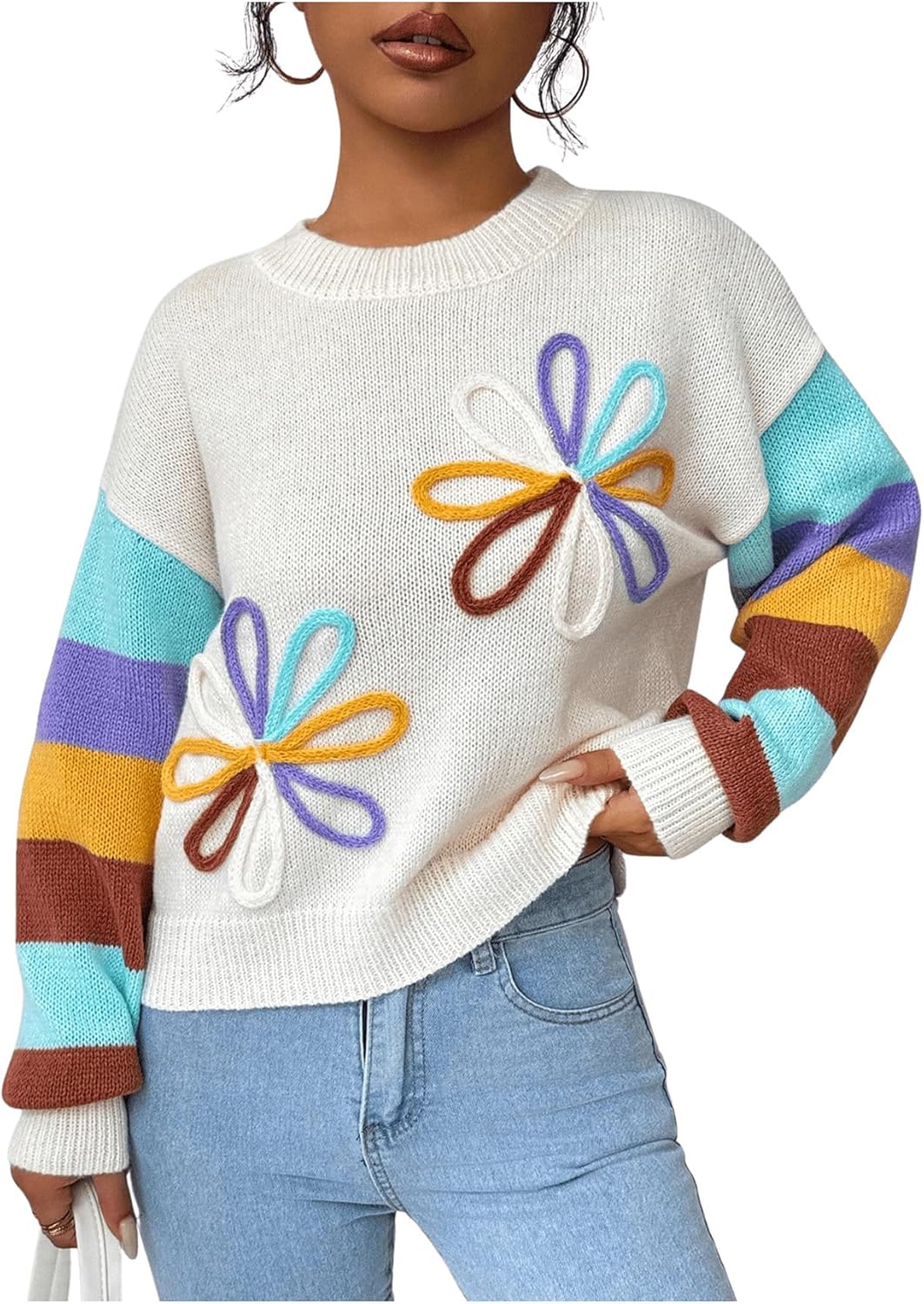 Verdusa Women's 3D Floral Sweater Fall Clothes Color Block Sweaters Trendy Pullover Knit Tops