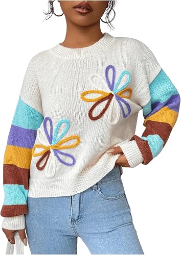Verdusa Women's 3D Floral Sweater Fall Clothes Color Block Sweaters Trendy Pullo