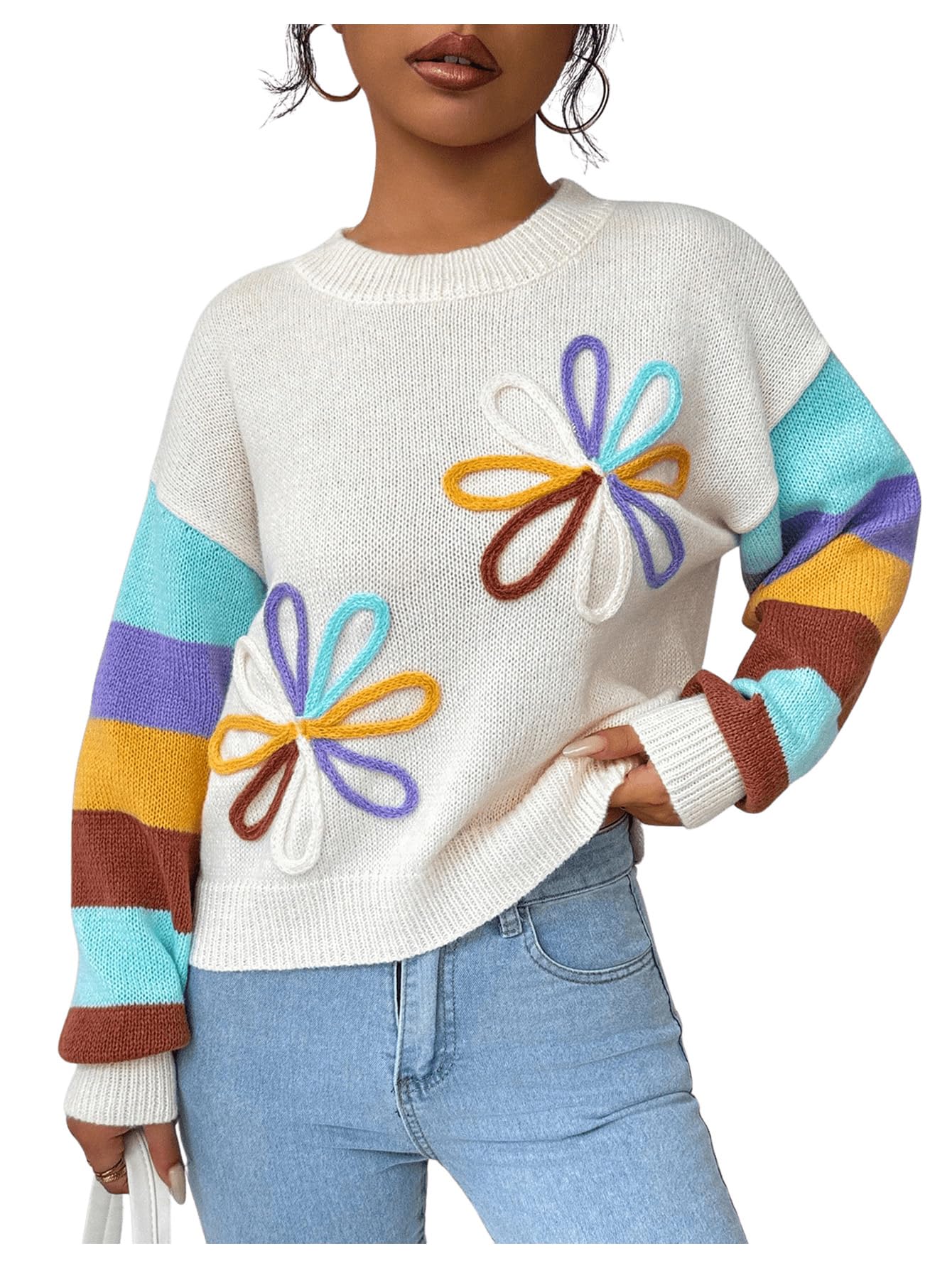 Verdusa Womens 3D Floral Sweater Fall Clothes Color Block Sweaters Trendy Pullover Knit Tops