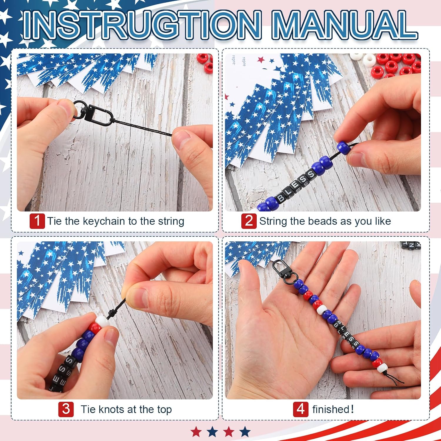 Ferreve 60 Set 4th of July DIY Crafts Patriotic Bead Keychains USA Making Kit with Letters Beads Cards for 250th Anniversary Activities Gifts Independence Day Party Favors Memorial Day Supplies