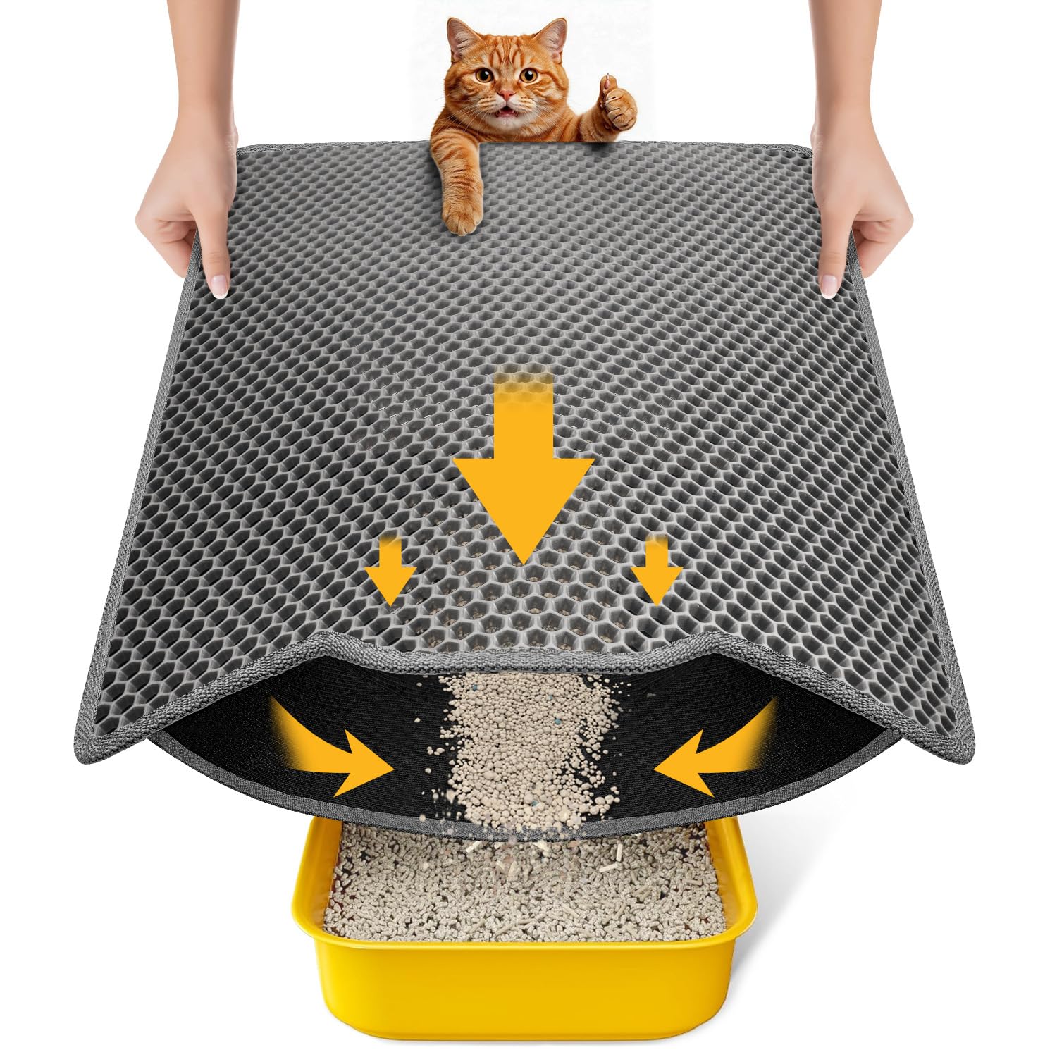 Conlun Cat Litter Mat, 60x46cm Honeycomb Double Layer Urine & Waterproof Litter Trapping Mat, Easy to Clean, Non-Slip Cat Waste Tray Matt for Floor, Grey