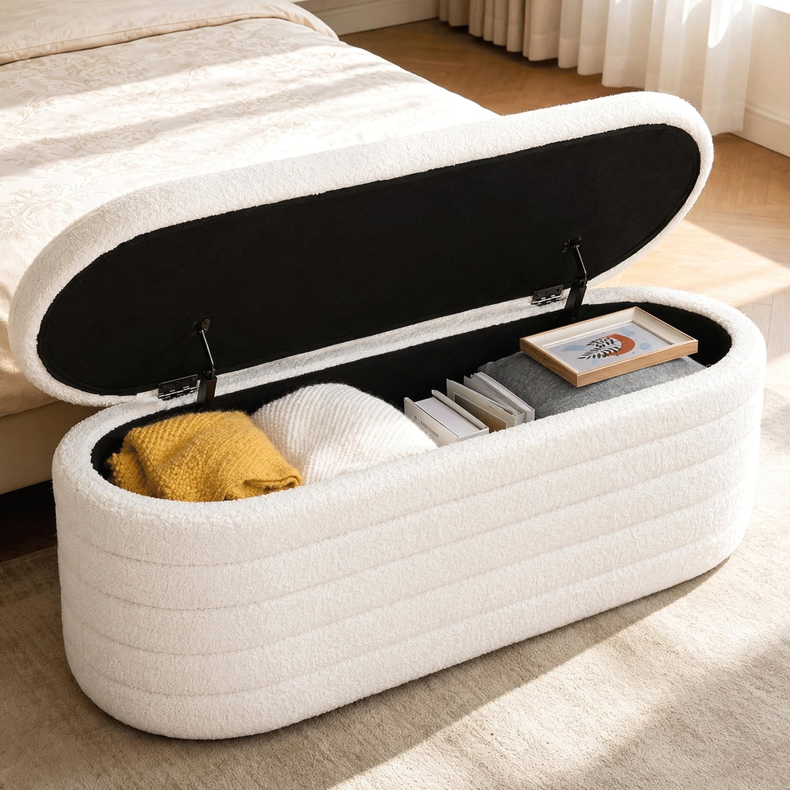 Hanstore Ottoman Storage Box, Teddy Upholstered Fabric Large Storage Bench End of Bed Stool with Safety Hinge Footstool for Bedroom, Living Room, Entryway - Oval