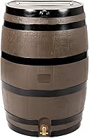Vista 6 de RTS Home Accents Barril de lluvia de 50 galones, barril de recolección de agua de lluvia con parte trasera plana, soporte incluido, grano de madera