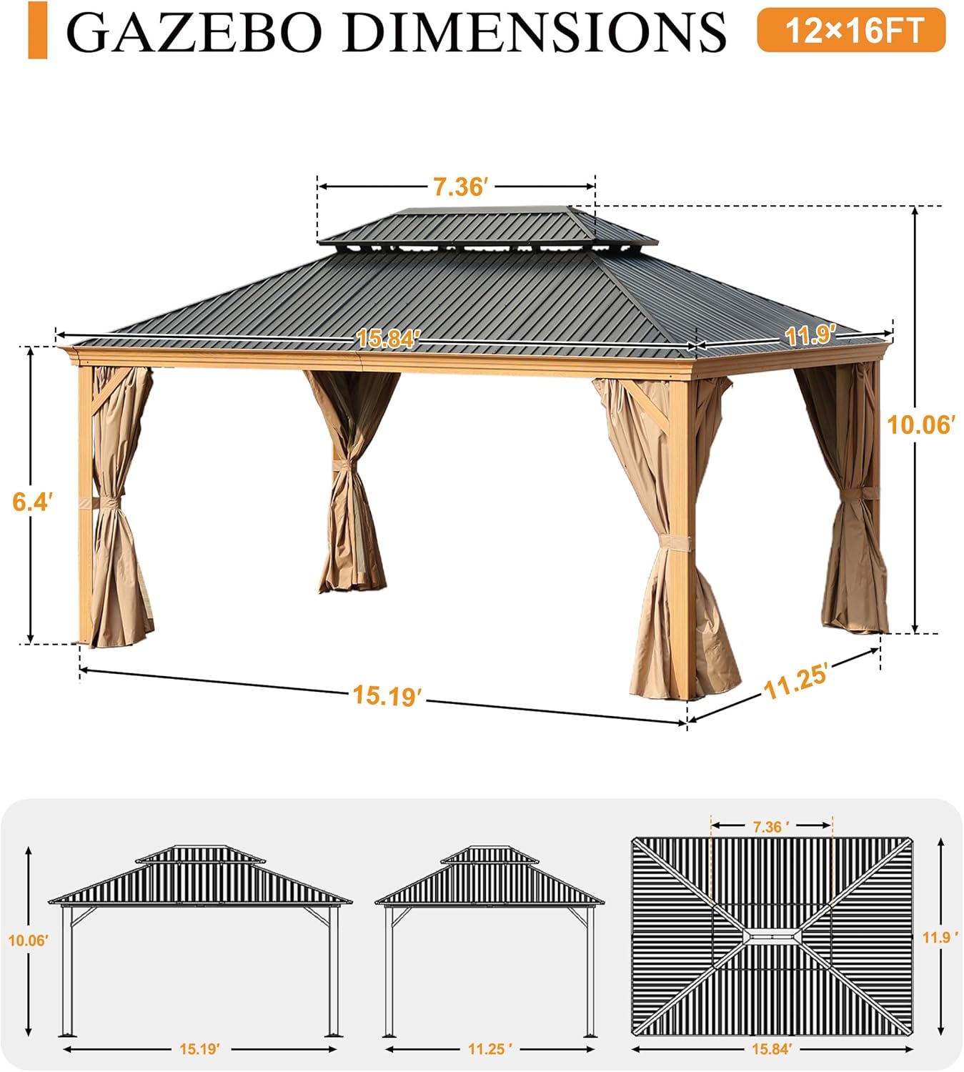 BPS 12' X 16' Hardtop Gazebo Outdoor Aluminum Wooden Grain Coated with Netting Curtain for Patio, Garden, Yard and Party