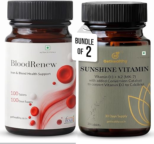 GetHealthy® Sunshine Vitamin™ D3 K2 MK7 Tablets + BloodRenew™ Iron Supplement with Vitamin C | Combo Pack for Bone, Heart,...