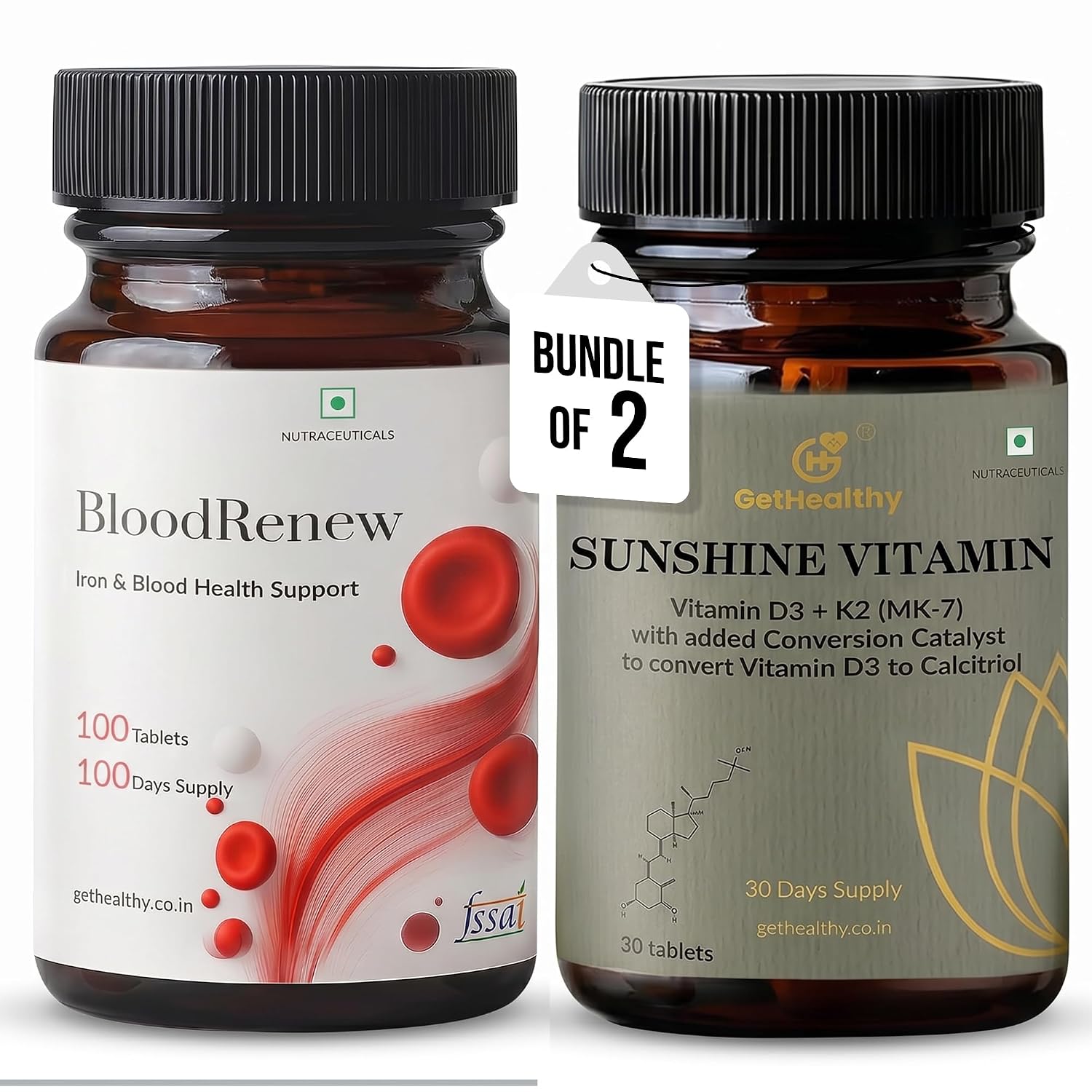 GetHealthy® Sunshine Vitamin™ D3 K2 MK7 Tablets + BloodRenew™ Iron Supplement with Vitamin C | Combo Pack for Bone, Heart,...