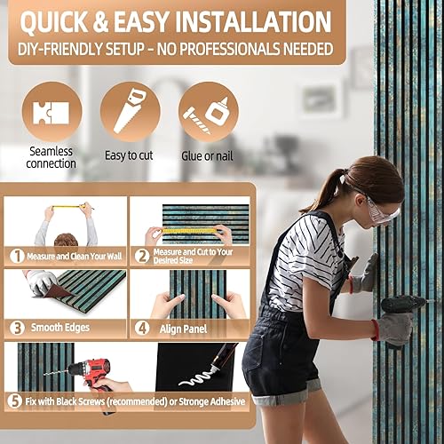 Miniatura 7 de Paneles de pared de listones de madera acústica, paneles insonorizados de óxido verde azulado antiguo para decoración de pared interior, diseño
