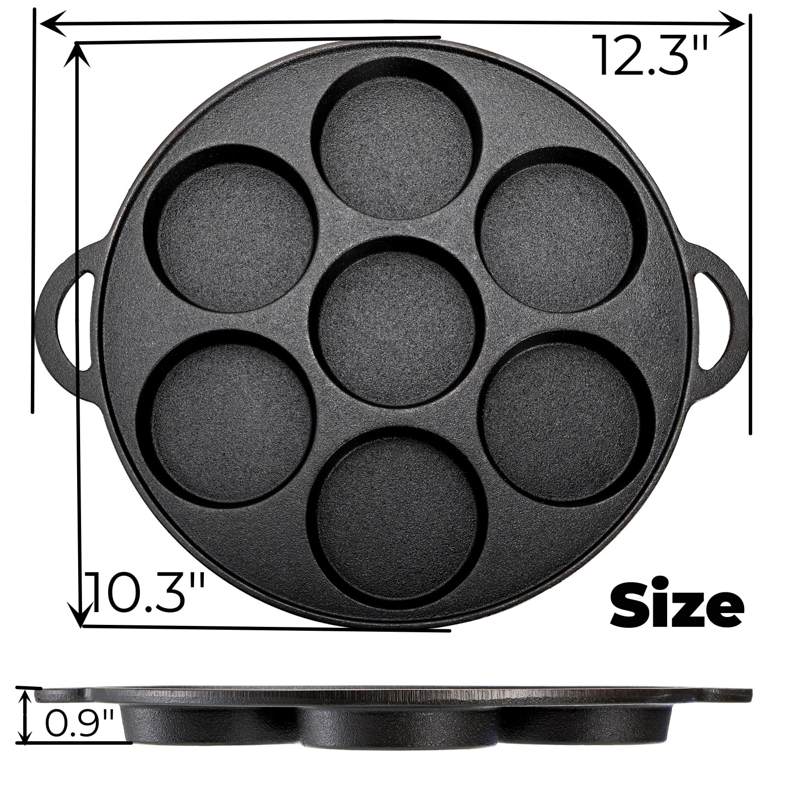 Hiceeden Pre Seasoned Cast Iron Muffin Pan, 7 Impressions Biscuit Pan with Handle, Pancake Mini Cake Pan with Spreader and Shovel for Baking Dessert, Cupcake