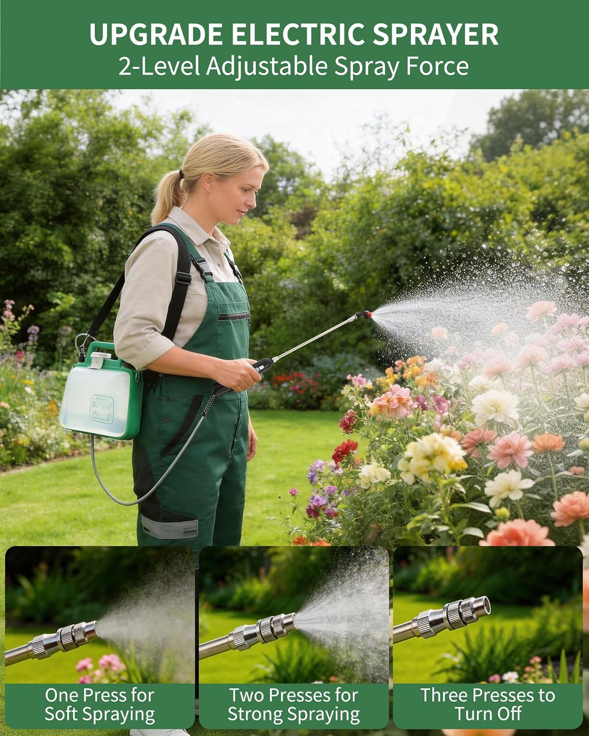 Battery Powered Garden Sprayer: 2.1 Gallon Electric Sprayer with USB Rechargeable Handle 4H Runtime, 4 Mist Nozzles 5 Spray Modes Water Pump Sprayers with Retractable Wand Strap for Yard, Lawn, Garden