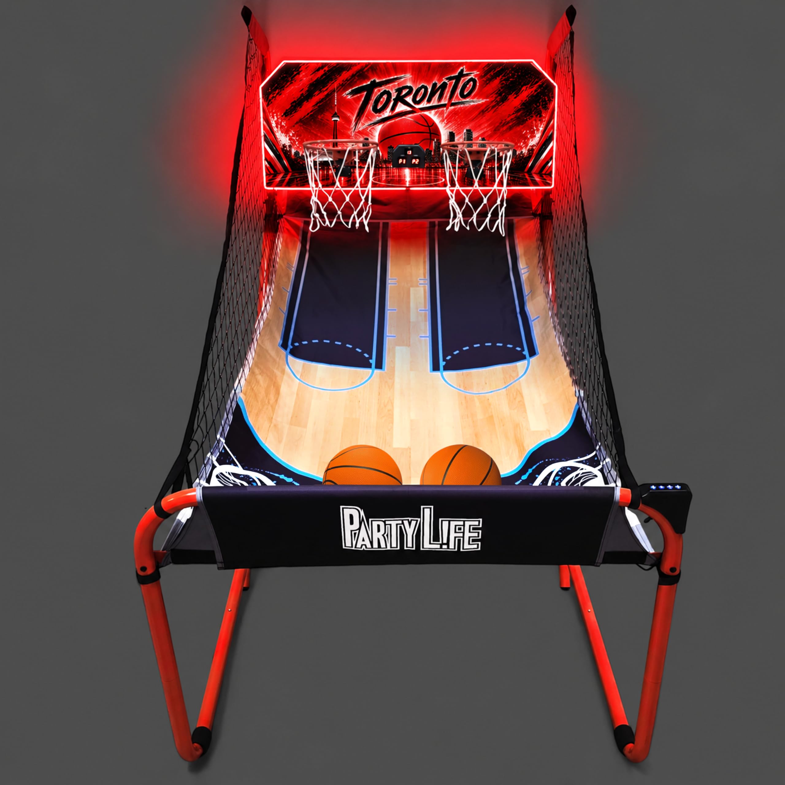 PartyLife 2-Player Basketball Arcade Game w/LED Lights | Electronic Scoring | 5 Balls, 1 Pump, 8 Games | Folding Design | Heavy-Duty Steel Frame