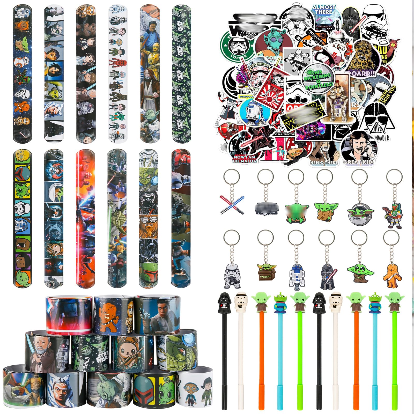 Ainvliya 82pcs Star Party bag Fillers, 50pcs Star Stickers, 12pcs Slap Bands, 12 Keychain, 10 Pens, Party Bags Supplies for Kids Boys Girls