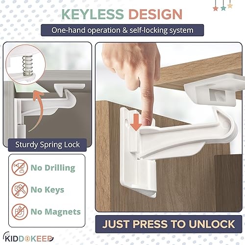 Miniatura 5 de Cerraduras de gabinete mejoradas a prueba de bebés para niños pequeños, 10 cerraduras blancas a prueba de niños para seguridad infantil, cerraduras
