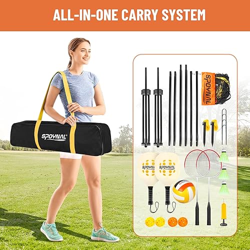 Miniatura 8 de Juego de red de voleibol de bádminton de altura ajustable 3 en 1, juego de red de bádminton portátil para patios traseros con raqueta de bádminton y