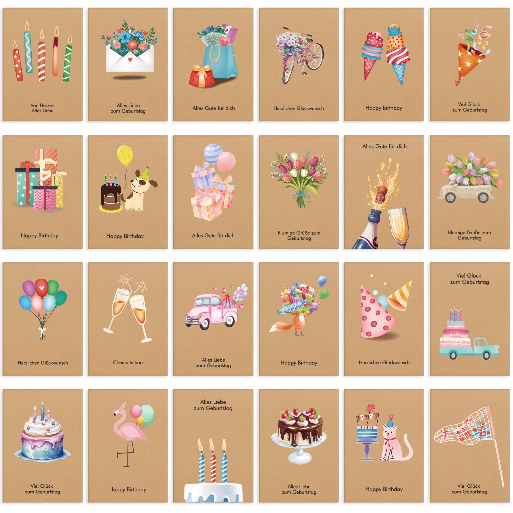 24 holographic greeting cards in the assortment, 24 designs birthday cards, pack of 24 envelopes and 24 stickers, suitable for all ages