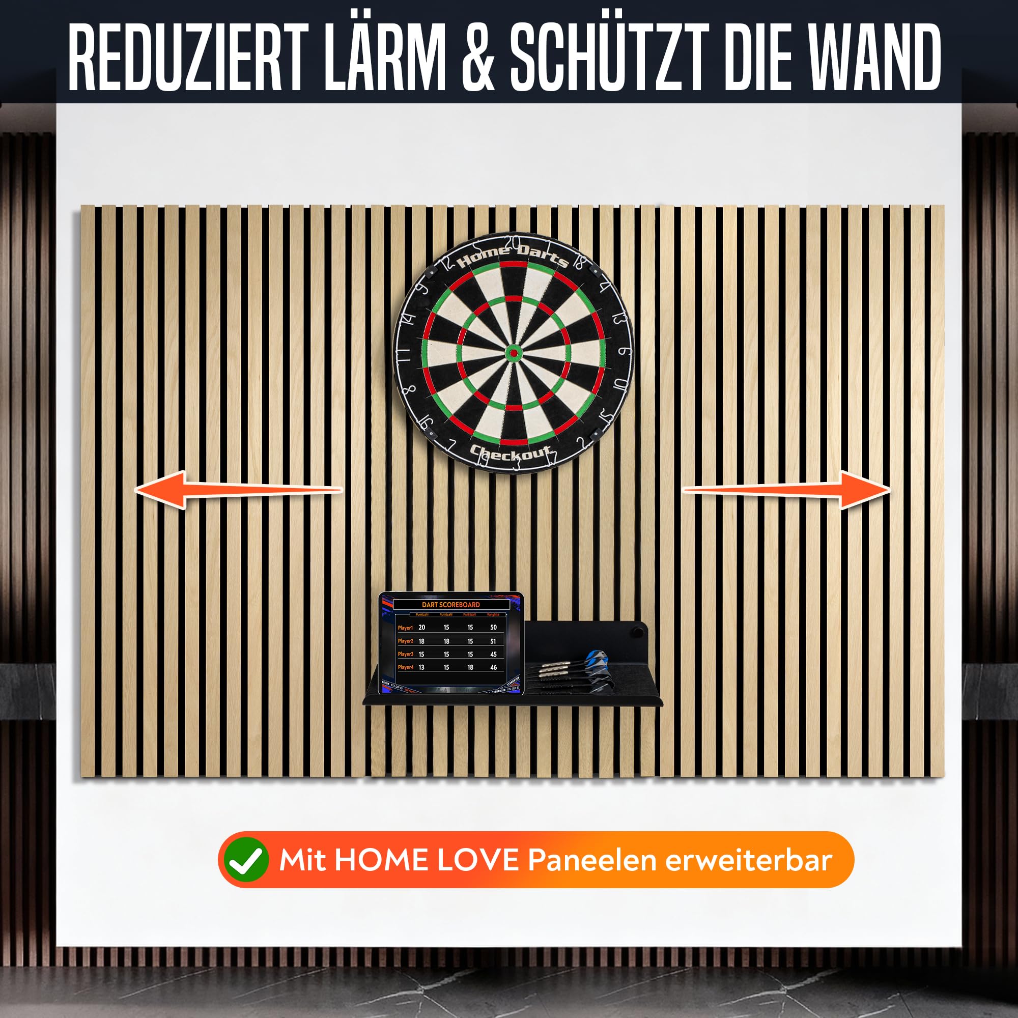 HOME LOVE® Dartscheibe Steeldart mit Dart Wandschutz & Ablage – Premium Sisal Dartboard Set mit 6 Steel-Darts & schalldämmender Rückwand – Steeldartscheibe Geschenk für Dart-Fans