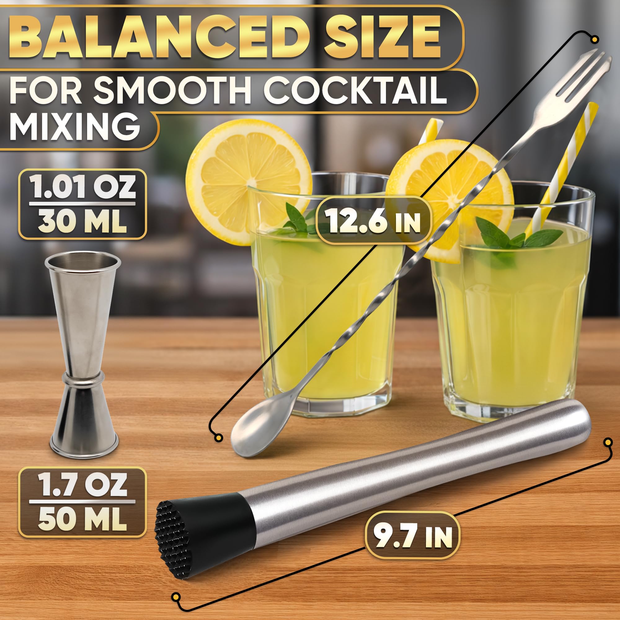 Cocktail Muddler Set - Stainless Steel, Spoon & Jigger -2 Cocktail Muddler Set - Stainless Steel, Spoon & Jigger -2