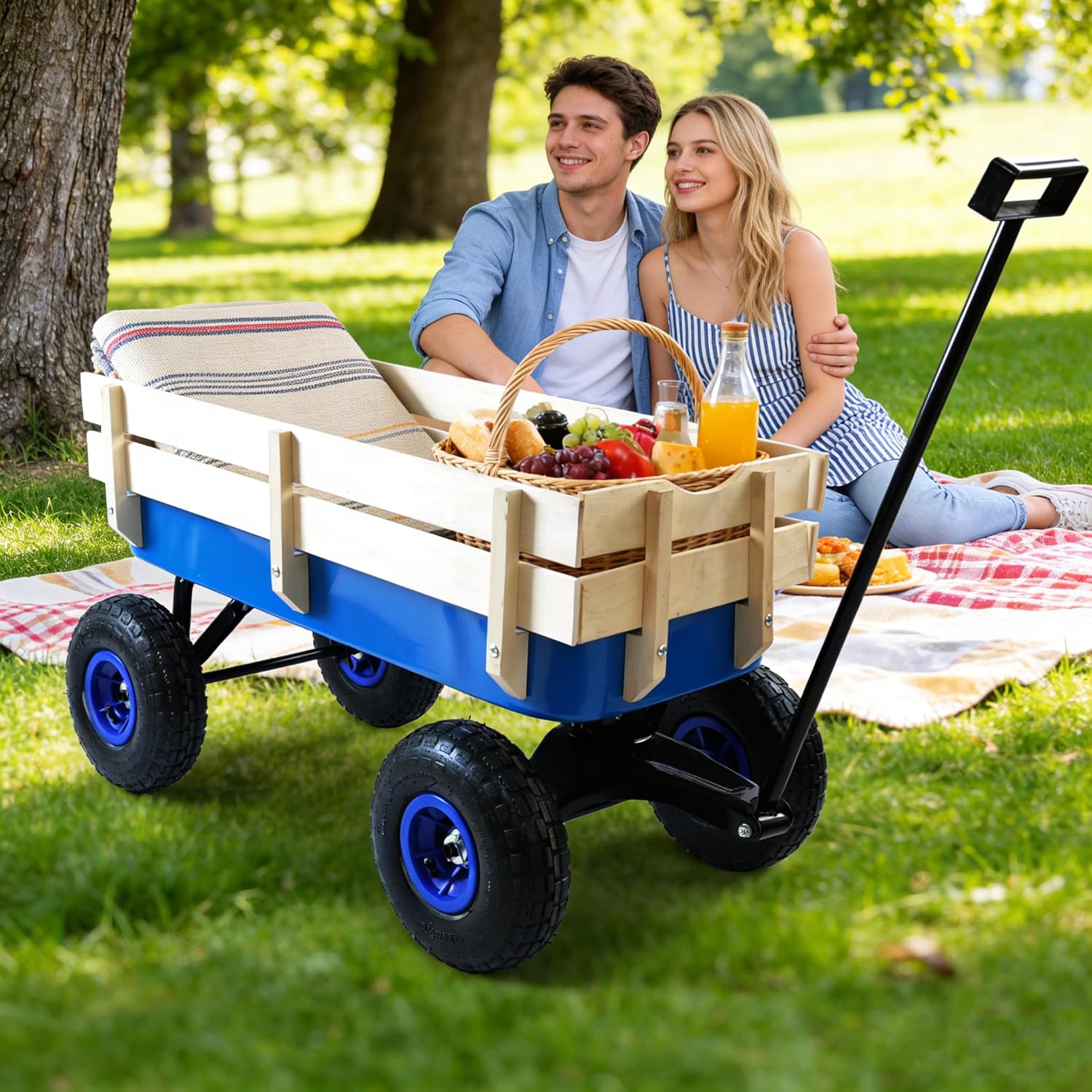 Wooden Outdoor Sport Wagon All-Terrain Handcart with Removable Side Panels Kids Pulling Cart Foldable Pet Stroller for Halloween Christmas, Blue (Blue)