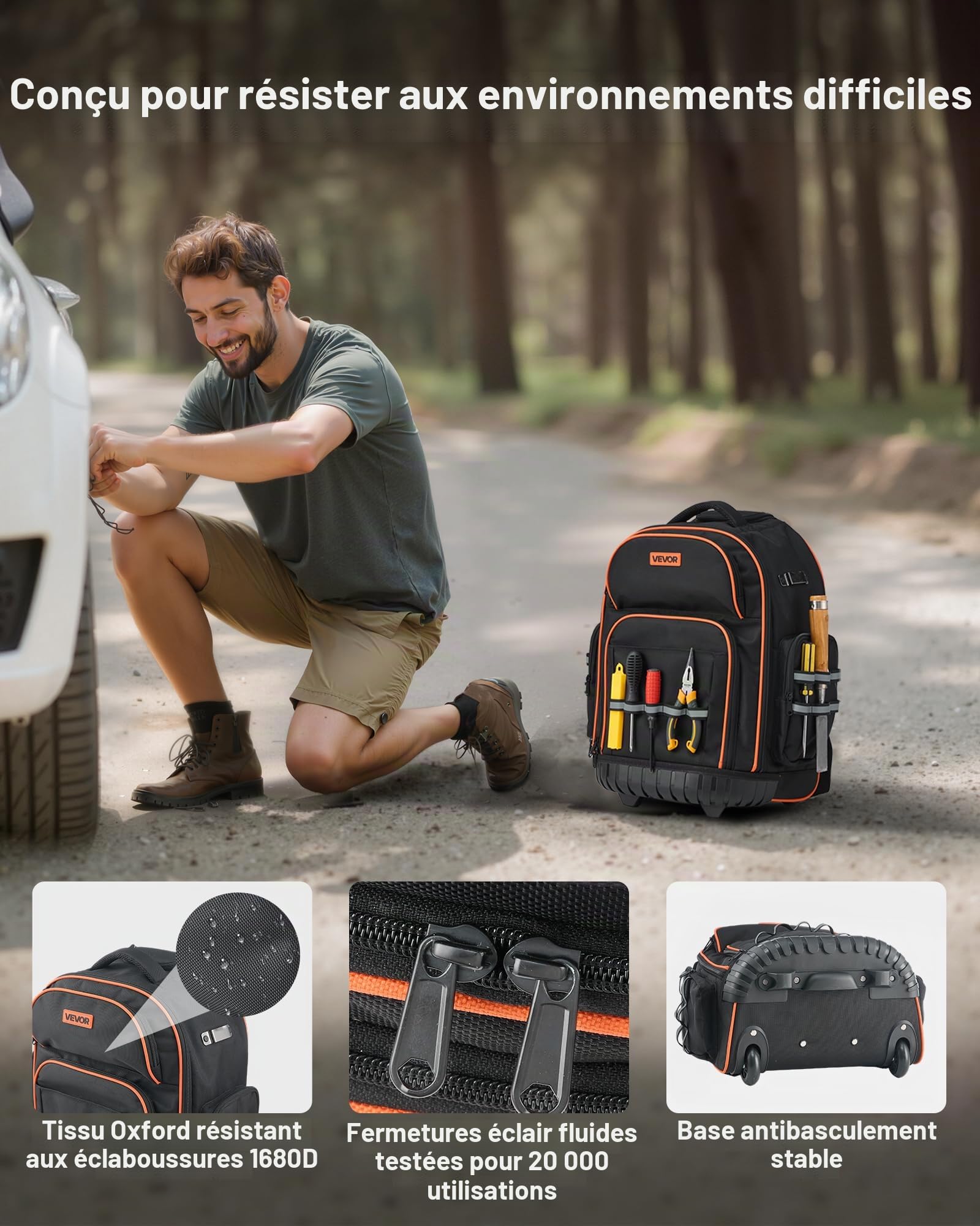 VEVOR Sac à Dos à Roulettes, Charge 50 kg, Sac à Outils, 44 x 25 x 48 cm, avec 45 Poches, Poignée Télescopique, Base Stable, Organisateur à Outils Robuste, pour Électriciens, Plombiers, Mécaniciens