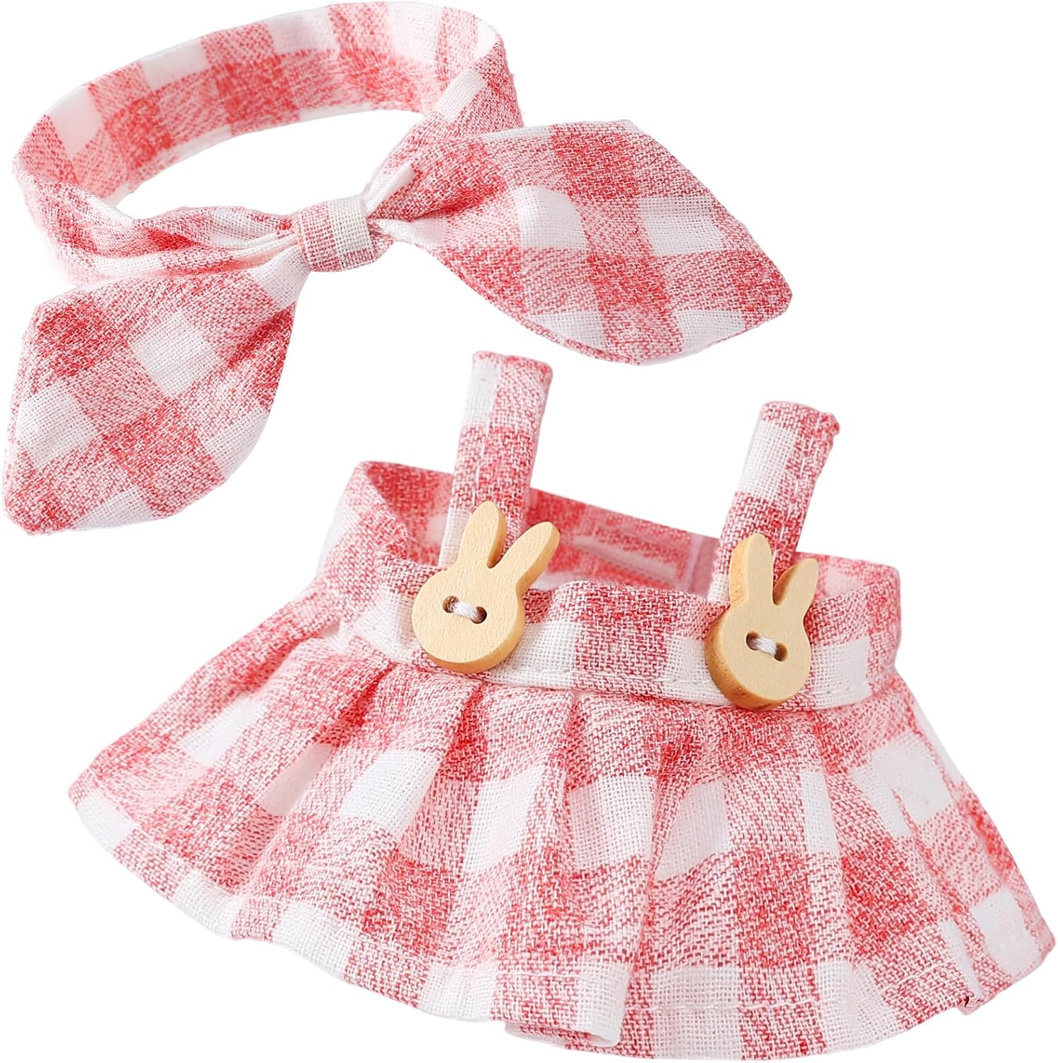 17cm Doll Clothing Set 2Pcs - Plaid Bunny Skirt + Bow Headband, Pink Sweet Outfit for 6-7inch Dolls (NO Doll Included) Kawaii Style Dress Accessories