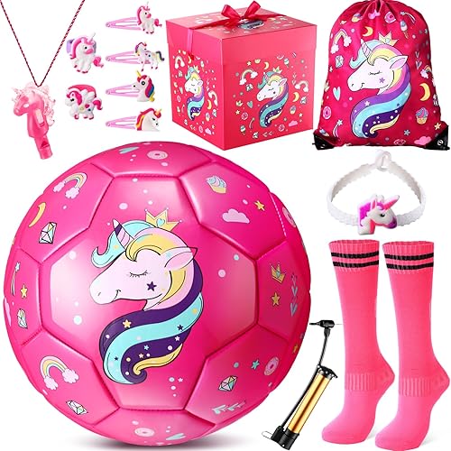 Halloscume Balón de fútbol tamaño 3 para niñas, juego de regalo de pelota de fútbol de unicornio con purpurina para niñas de 3 a 8 años con bomba y