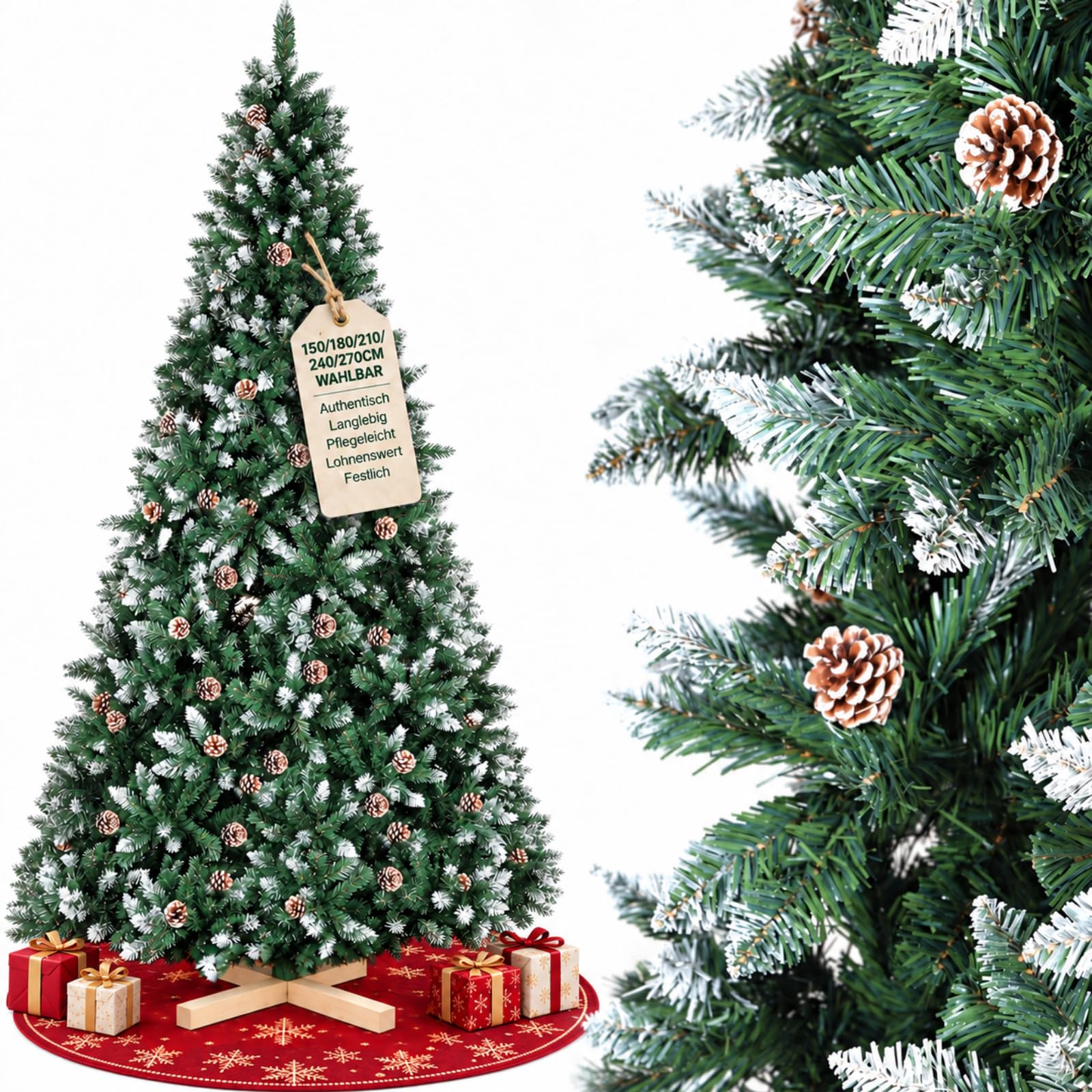 LIFERUN 210cm Künstlicher Weihnachtsbaum mit Handgefertigtem Holzständer | Nordmanntanne Premium, Tannenbaum Künstlich mit Schnee-Effekt,Schnee &39PCS Tannenzapfen &1584 Spitzen, Einfach zu Montieren