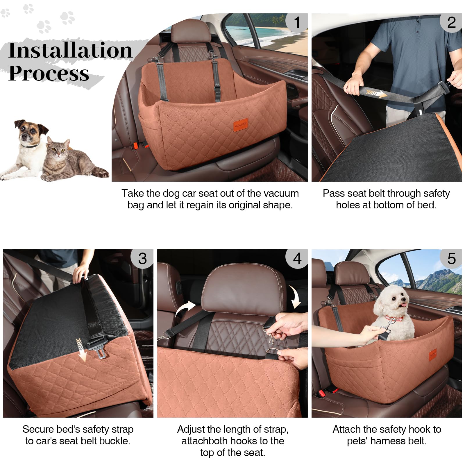 Wooaidagg Asiento de Coche para Perros de hasta 55 Libras, fácil de Instalar, súper Suave y Relleno de Espuma viscoelástica, Totalmente Desmontable y Lavable (marrón, Grande)
