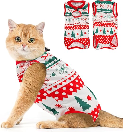 Avont Cat Recovery Suit - Kitten Onesie for Cats After Surgery, Cone of Shame Alternative Surgical Spay Suit for Female Cat, Post-Surgery or Skin Diseases Protection -Christmas(S)