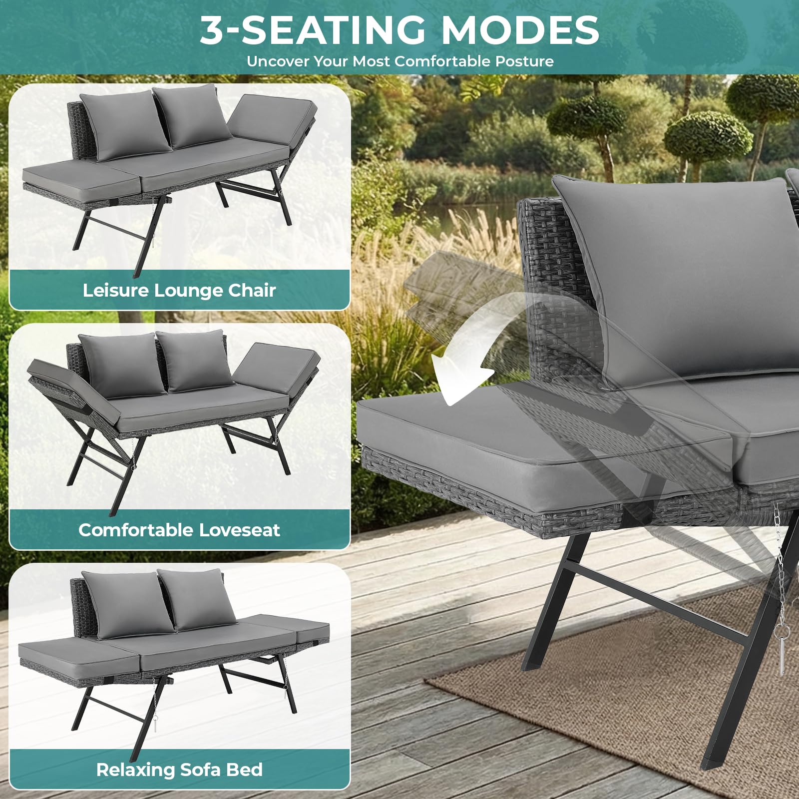 Divano Esterno Giardino in Polyrattan con Funzione Reclinabile, Divanetto da Esterno 2 Posti,Mobili da Giardino in Rattan,Divano in Polyrattan con Braccioli Regolabili,per Giardino,Terrazza (Grigio)