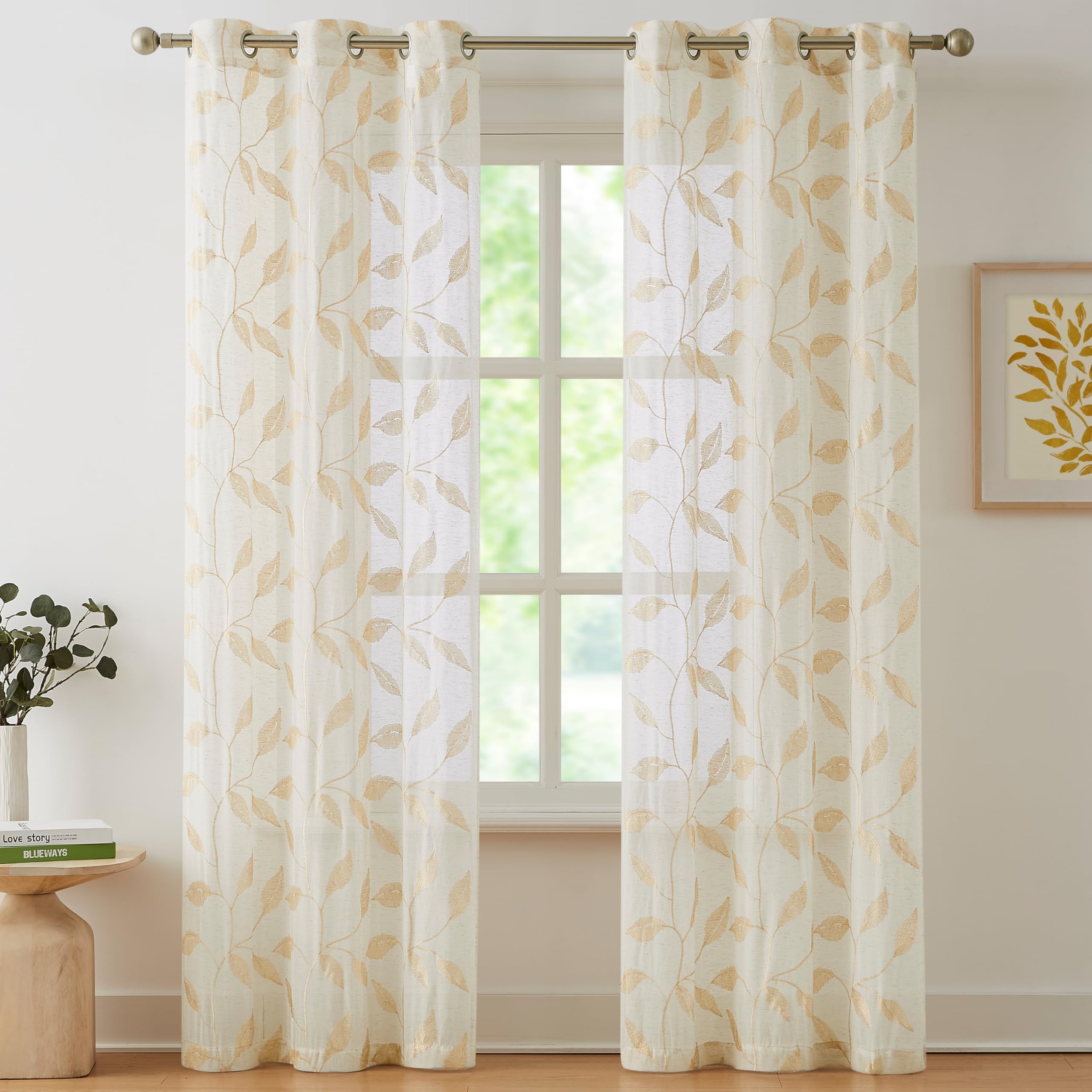 Bujasso Gold Linen Leaf Sheer Curtains 95 inch Embroidered Floral Farmhouse Light Filtering Window Panels Botanical Sheer Drapes for Living Room