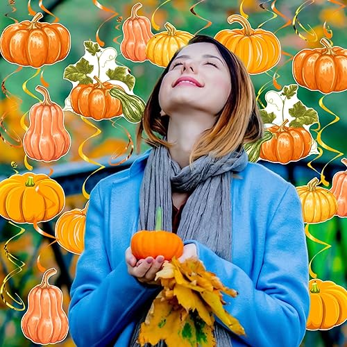 Miniatura 8 de 30 piezas de remolinos colgantes de calabaza de otoño, decoraciones colgantes para techo de Acción de Gracias, remolinos de calabaza, serpentinas