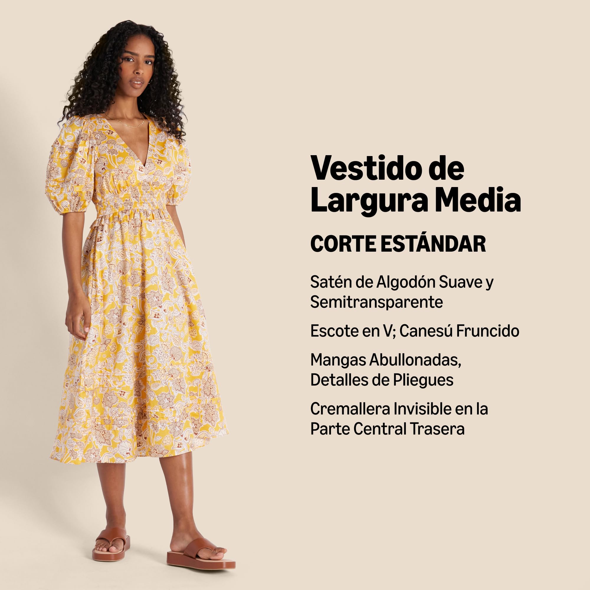 Amazon Essentials Mujer Vestido Midi Entallado y con Vuelo de Satén de Algodón con Mangas Abullonadas y Cuello en V