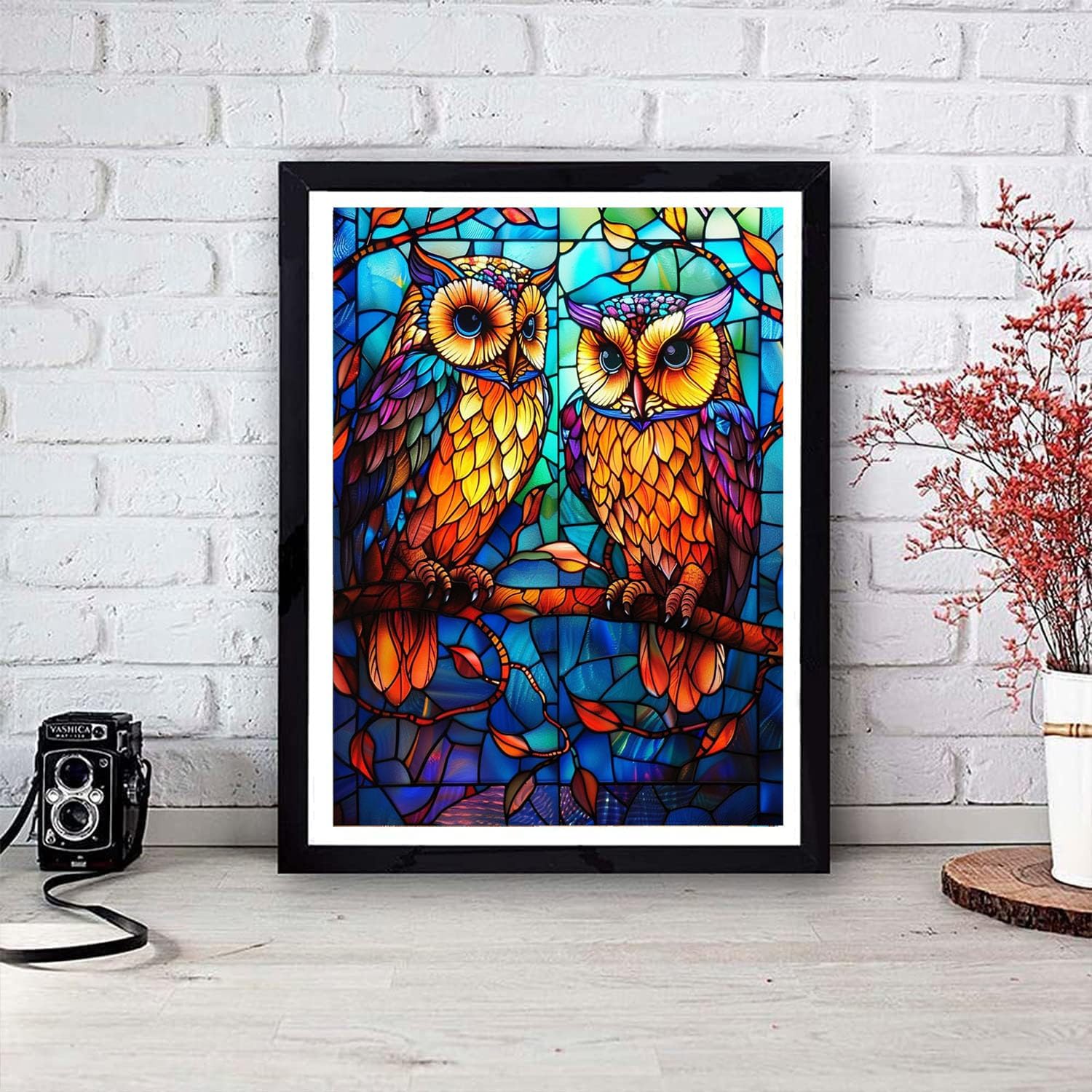 Generic Owls Paint by Numbers Kit for Adults, Modern Stained Glass Effect on Canvas, Perfect for Gift or Home Wall Decor, 16x20 Inch (with Frame)