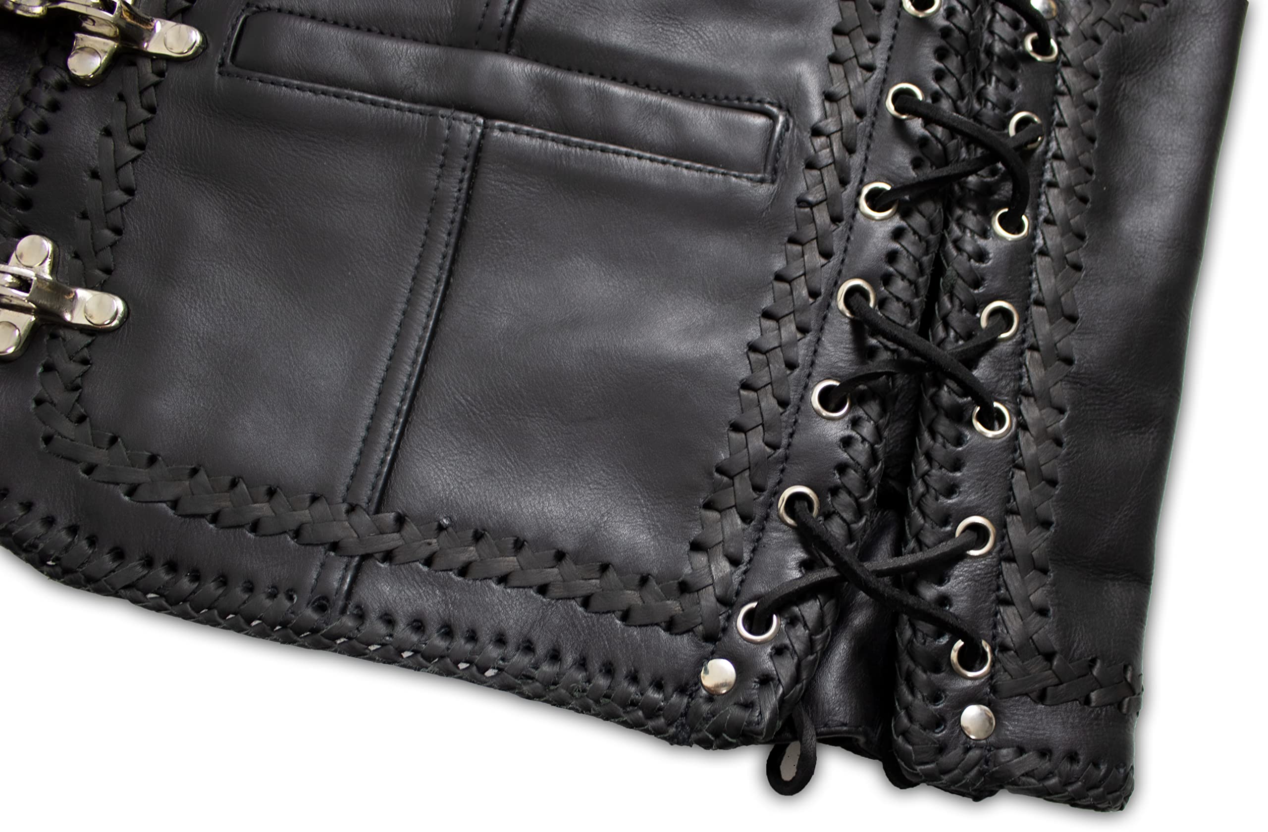 MDM Gilet Uomo in Vera Pelle Nera con Fibbie Cromate – Gilet Moto Biker Club Style in Pelle Bovino 1,2 mm, Laterali Regolabili e Cuciture Intrecciate