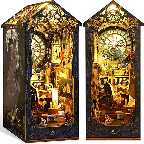 Quanquer Kit de rincón de libros, rompecabezas en miniatura de madera 3D con luz LED, kits de manualidades para adultos, ideal para estantería,