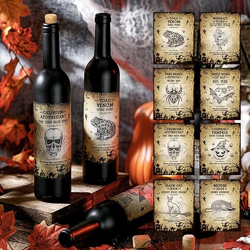 4 botellas de poción de Halloween con tapón de corcho de 16 onzas, botella redonda de vidrio boticario negro mate con 16 calcomanías de etiquetas,