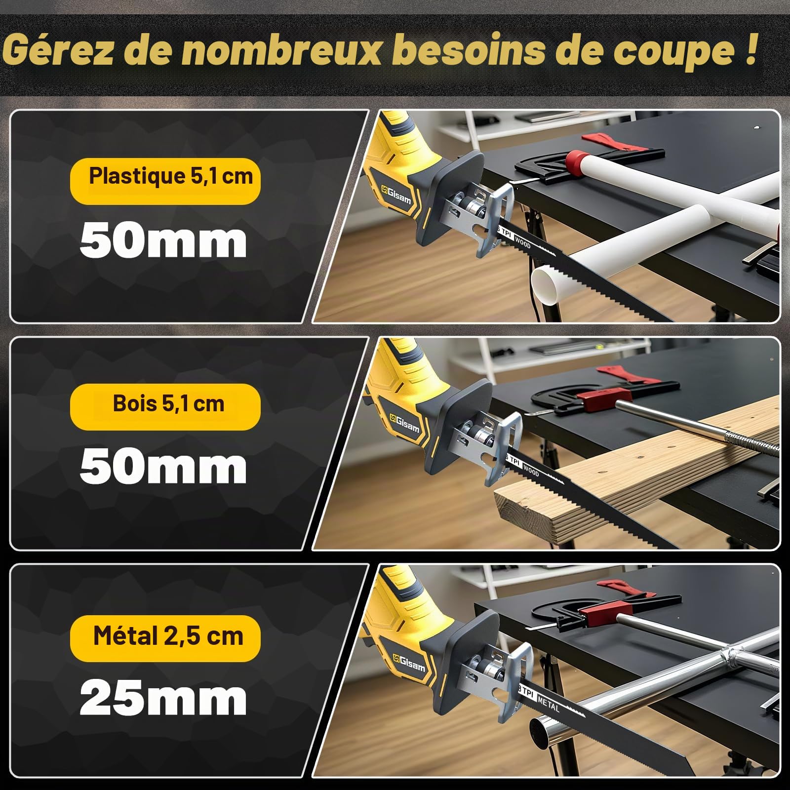 Gisam Scie Sabre sans fil 21V, 3500 spm, Moteur sans Balais Silencieux, 2 Batteries de 4,0 Ah et 8 Lames de Scie, Scie éLectrique à Queue de Renard pour Bois, MéTal, Pvc