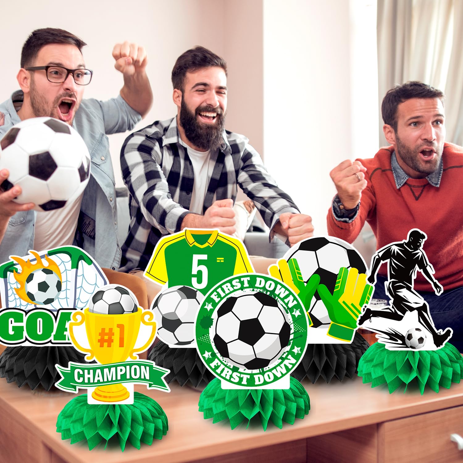 9 decorazioni per feste di compleanno a forma di calcio, centrotavola a nido d'ape con tema calcio 3D, forniture per feste di compleanno per ragazzi e bambini