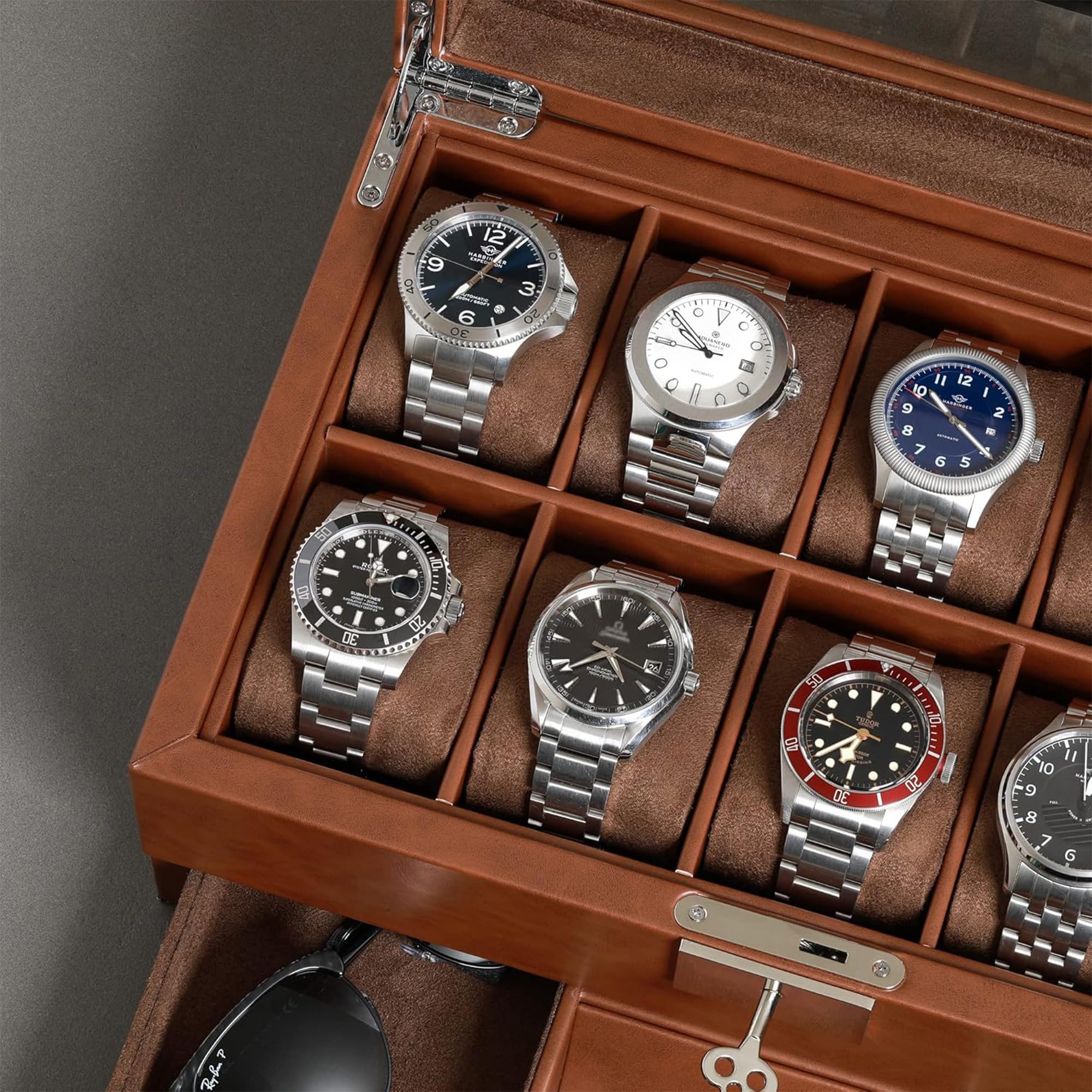 ROTHWELL Scatola per orologi con 10 scomparti con cassetto per riporre orologi, organizer di lusso per orologi, fodera in microfibra ultra morbida, chiusura a chiave, con grande ripiano in vetro