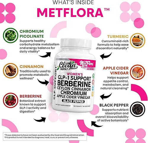 Miniatura 3 de Clean Nutra GLP-1 Complejo de apoyo para mujer, berberina con canela de Ceilán, cromo, vinagre de sidra de manzana, 90 cápsulas