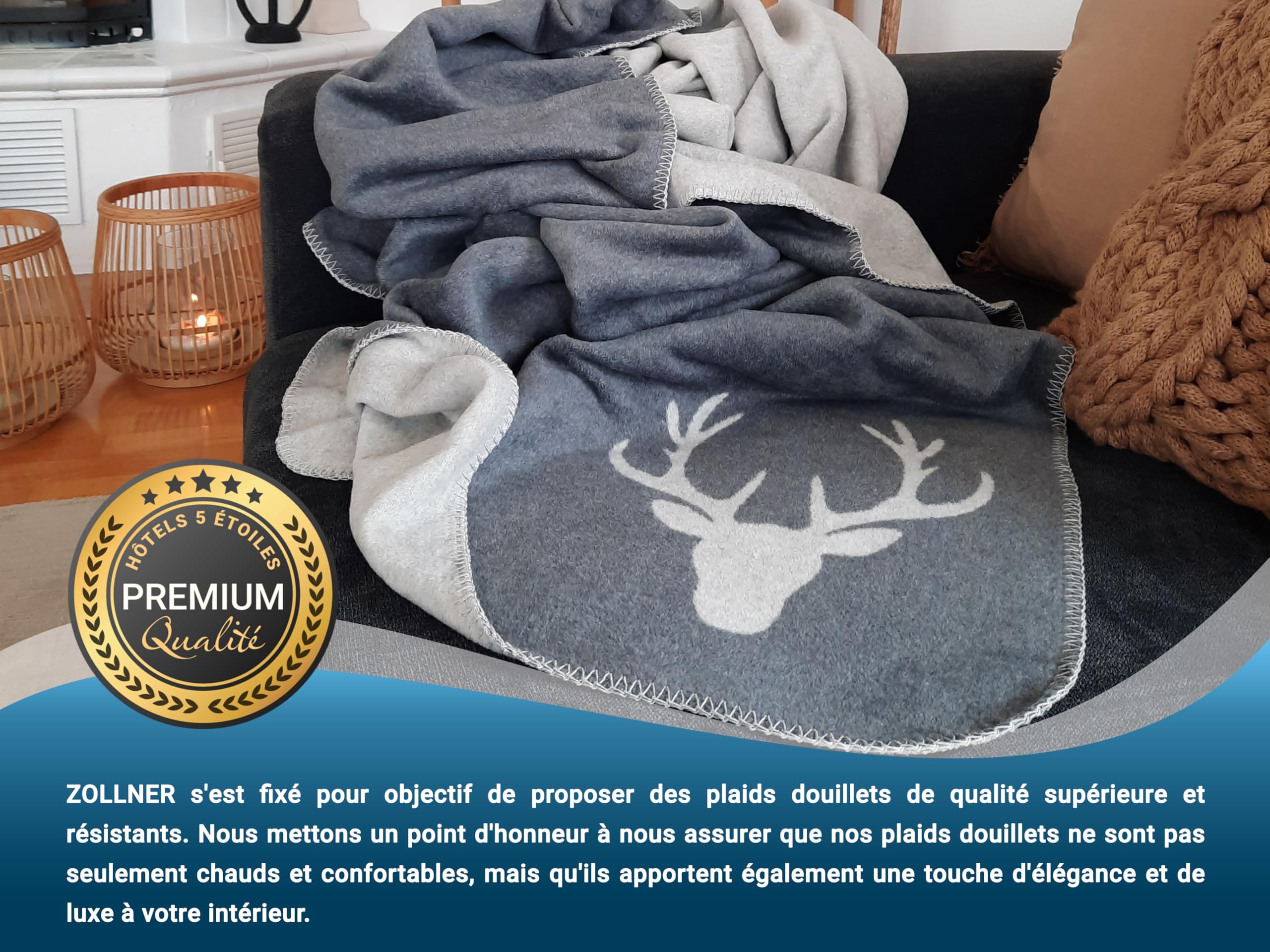 ZOLLNER Couverture Douillette, 150x200cm, Coton mélangé, cerf, Gris Clair-Gris