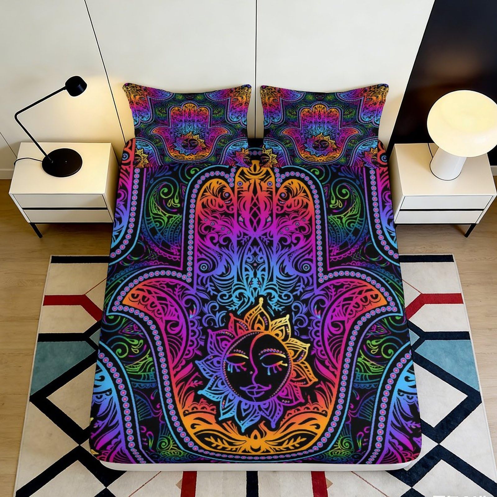 Pnayamiorkfel Style-9 3D Printed Hamsa Mandala Fitted Sheet Microfiber Multicolor Sun Moon Bed Cover Non Slip Bedroom Decor Machine Washable 90X200x25cm