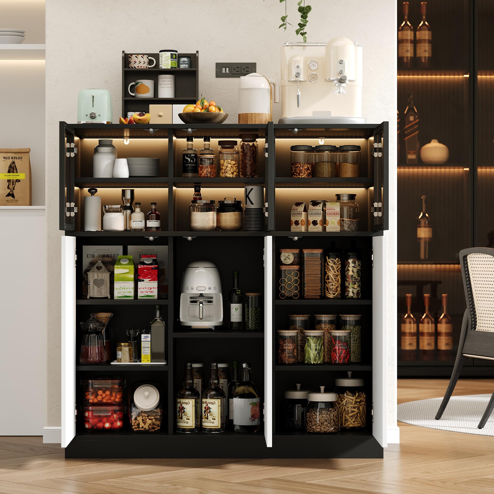 Credenza con illuminazione a LED e 3 ante in vetro, 100 cm, colore nero/bianco, 6 ante e 14 scomparti, con sistema di sicurezza ribaltabile, per soggiorno, cucina e sala da pranzo