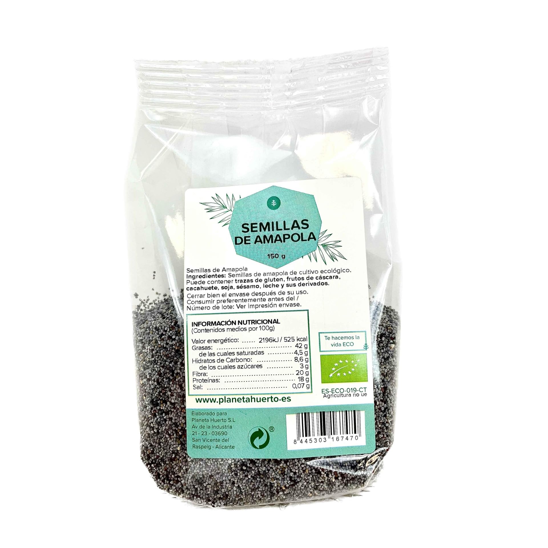 PLANETA HUERTO | Semillas de Amapola 150 g, Fuente Natural de Fibra y Nutrientes - Semillas de Amapola Ideales para Hornear Panes, Bizcochos y Añadir a Ensaladas y Batidos